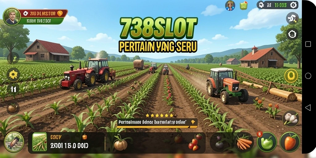 Screenshot gameplay 738SLOT menampilkan ladang yang subur dan beragam tanaman.