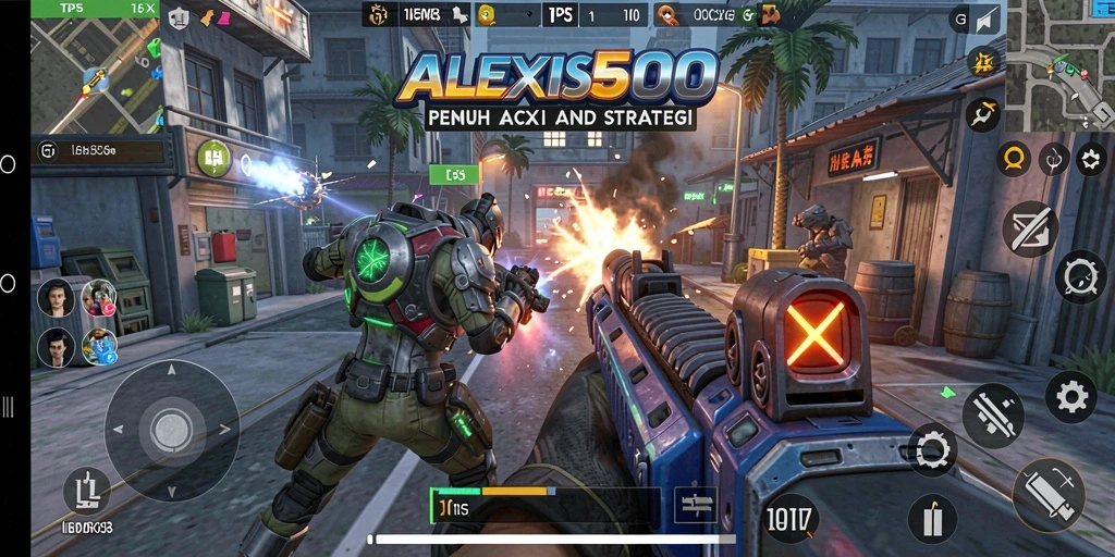 Screenshot gameplay ALEXIS500 yang menunjukkan aksi pemain di medan perang.