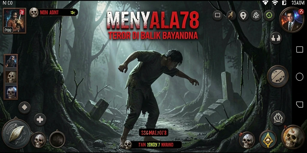 Screenshot gameplay MENYALA78 yang menampilkan suasana horror yang mencekam.