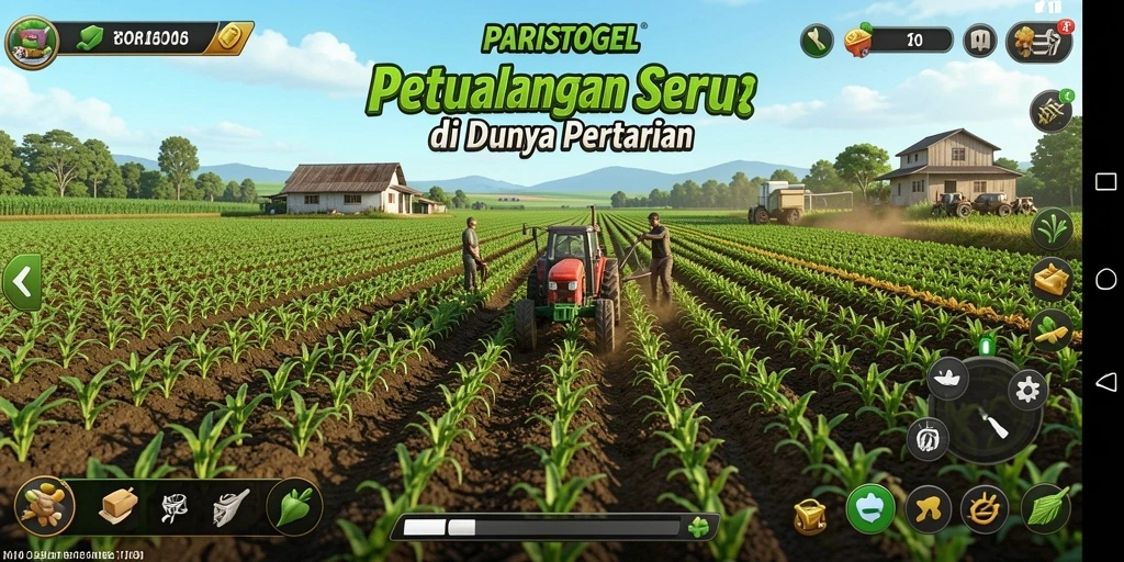 Tangkapan layar permainan <strong>PARISTOGEL</strong> menampilkan ladang pertanian yang penuh warna.