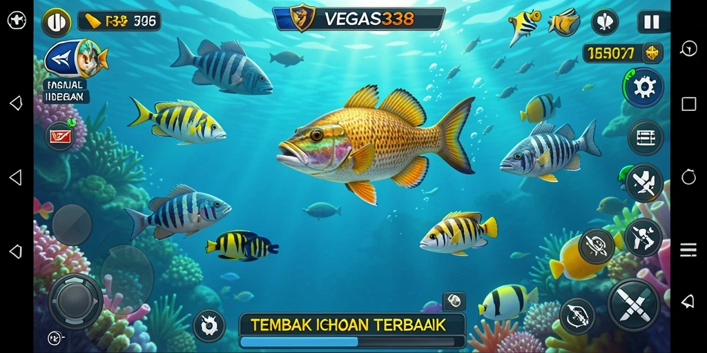 Screenshot menunjukkan aksi menembak ikan yang seru dalam VEGAS338.